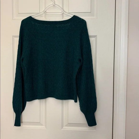 Garnet Hill Cashmere Blouson Sleeve Square Neck Pointelle Teal Sweater - Picture 3 of 11